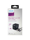 Incarcator retea Philips Ultrarapid, 2xUSB, 3.1A, Cablu Lightning inclus, Negru