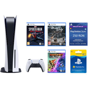 Pachet Consola Sony PS5 cu Disc PlayStation 5 (B-Chasis) 825GB, Alb + 3 jocuri Spider-Man Miles Morales, DemonS Soul, Ratchet and Clank, Membership 90 zile, Card PlayStation Store 250 RON