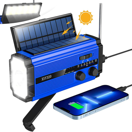 Radio Urgenta cu incarcare solara si manivela, baterie 5000mA, lanterna, alarma SOS,powerbank, Albastru