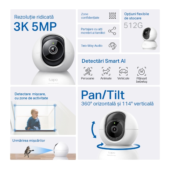 Camera Supraveghere Smart TP-Link Tapo C230, Wi-Fi, 5MP 3K, Pan/Tilt 360°, Night Vision, Baby Monitor, AI, Audio Bidirectional